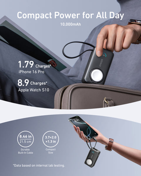 Anker MagGo, 10000mAh Power Bank with 30W USB‑C Built‑in Cable and Apple Watch Wireless Charger