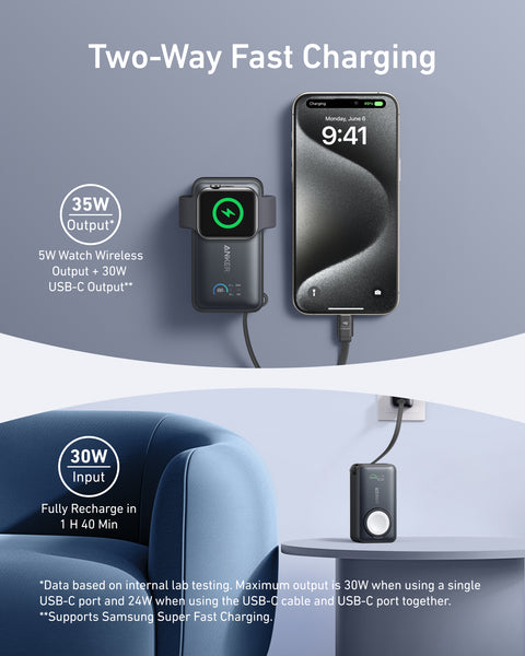 Anker MagGo, 10000mAh Power Bank with 30W USB‑C Built‑in Cable and Apple Watch Wireless Charger