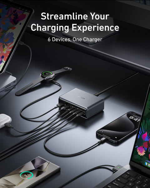 Anker Prime Charger 200W 6-Port GaN – 6-in-1 Ultra-Fast Charging Station (Silver)