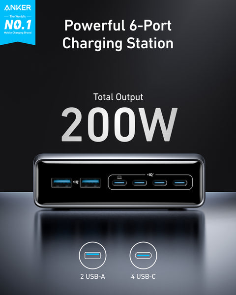Anker Prime Charger 200W 6-Port GaN – 6-in-1 Ultra-Fast Charging Station (Silver)