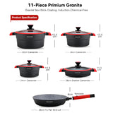 Daewoo X Series 11 Piece Granite Cooking Set (32,28,24 cm Pot, 28 cm Pan, 28 cm Casserole), 2 Pcs of Utensil Tools - Black/Red