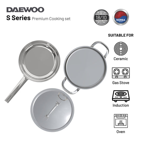 Daewoo 18/10 Stainless Steel Cookware Set of 7 Pcs (28, 24, 20 cm Pots, 24cm Pan) - Silver