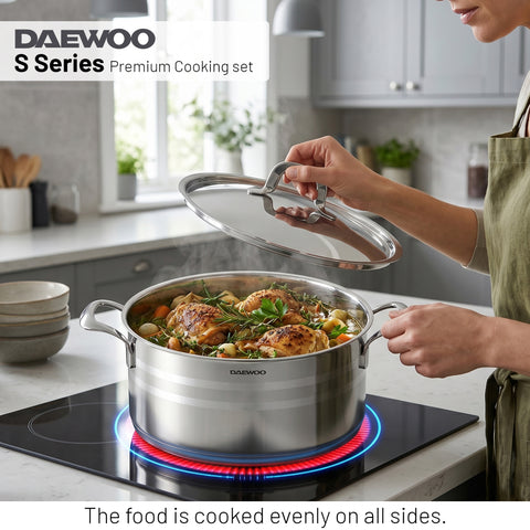 Daewoo 18/10 Stainless Steel Cookware Set of 7 Pcs (28, 24, 20 cm Pots, 24cm Pan) - Silver