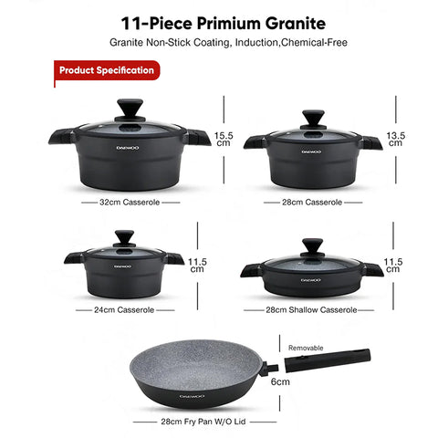 Daewoo X Series Non-Stick Granite Coating Cookware Set Of 11 pcs (32,28,24 cm Pot, 28 cm Pan, 28 cm Casserole), 2 Pcs of Utensil Tools - Black