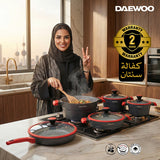 Daewoo X Series 11 Piece Granite Cooking Set (32,28,24 cm Pot, 28 cm Pan, 28 cm Casserole), 2 Pcs of Utensil Tools - Black/Red