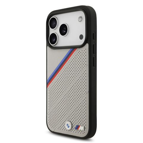 BMW, MagSafe PU Leather Case With Tricolor Slanted Stripes & Metal Logos, iPhone 17 Pro