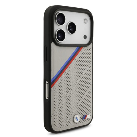 BMW, MagSafe PU Leather Case With Tricolor Slanted Stripes & Metal Logos, iPhone 17 Pro