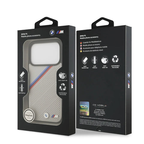 BMW, MagSafe PU Leather Case With Tricolor Slanted Stripes & Metal Logos, iPhone 17 Pro