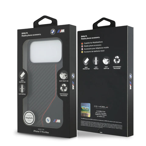 BMW, PU Leather & Carbon Case with Colored Line Stitch, iPhone 17 Pro Max