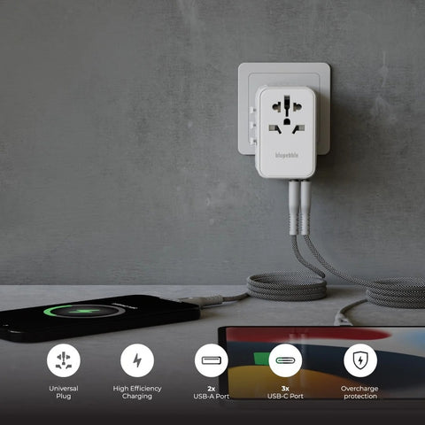 Blupebble Passport 4 GaN III World Travel Adapter with 100W Power, 3 USB-C & 2 USB-A - White