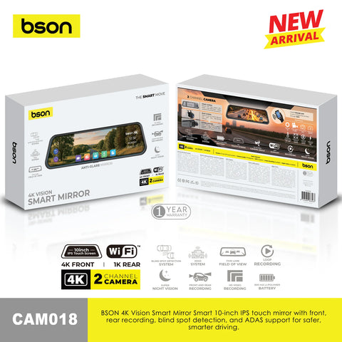 BSON 4K Vision Smart Mirror - 10-inch IPS Touch with ADAS Support