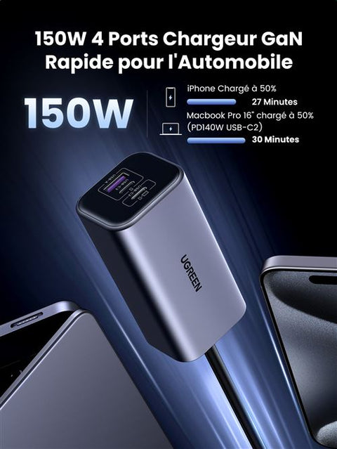 UGREEN EC706, 150W 4-Port GaN Fast Car Charger - Black