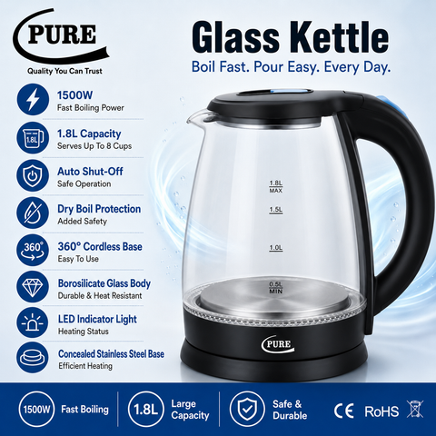 PURE Borosilicate Glass Electric Kettle with Auto Shut-Off – 1.8 L, 1500 W
