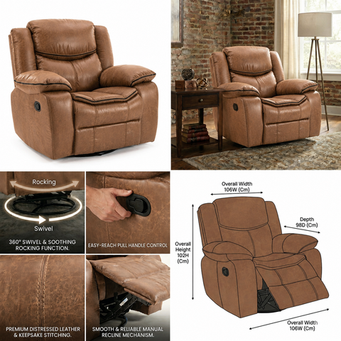 Lounge Swivel Rocking Recliner Sofa (106 x 98 x 102 cm) - Light Brown