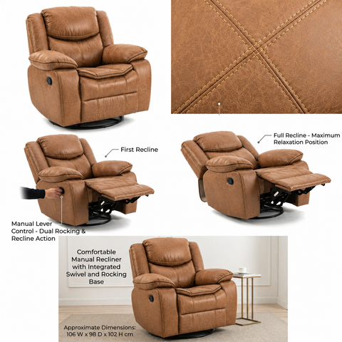 Lounge Swivel Rocking Recliner Sofa (106 x 98 x 102 cm) - Light Brown