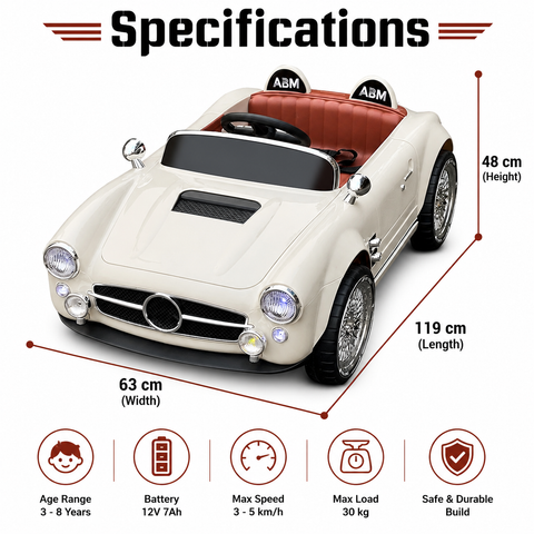Premium 12V RC Kids Electric Ride-On Retro Car with Parent Remote Control, Music System, LED Lights, Soft Start, USB/AUX, Rechargeable Battery, 30Kg Load Capacity for Ages 3–8