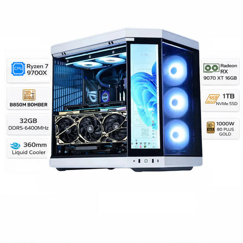 كمبيوتر ألعاب مخصص، AMD رايزن 7 9700X، يستون × غرافاستار 9070 XT 16GB، 32GB DDR5، 1TB NVMe SSD، ويندوز 11 برو