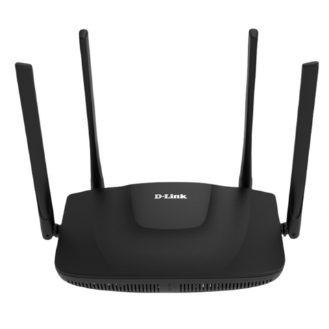Black D-Link router with four antennas on a white background
