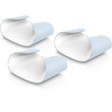 Three white and light blue earbud tips on a white background