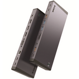 Two external hard drives with multiple ports on a white background