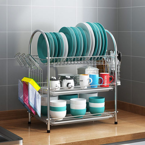 3-Tier Stainless Steel Dish Draining Rack with Mug Holder & Cutlery Drainer