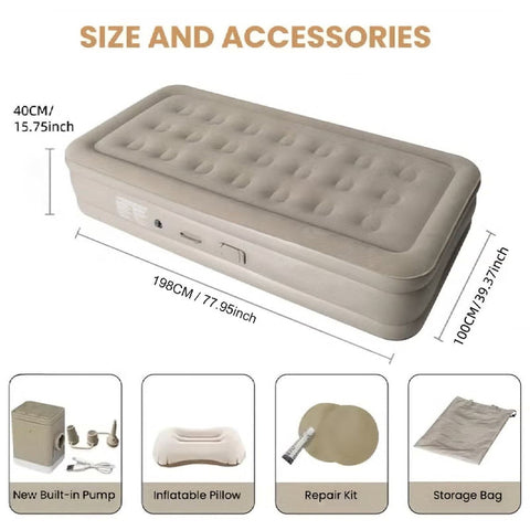 Inflatable Air Mattress with Rechargeable USB Pump, Air Coil Support & Pillow – 198 × 100 cm