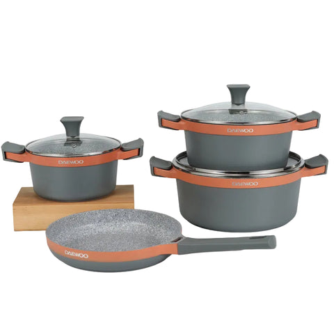 Daewoo H Series 9 Pcs Granite Cooking Set 28, 24, 20 cm Pot, 26 cm Pan with 2 Pcs of Utensil Tools