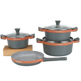 Daewoo H Series 9 Pcs Granite Cooking Set 28, 24, 20 cm Pot, 26 cm Pan with 2 Pcs of Utensil Tools