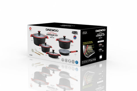 Daewoo X Series 11 Piece Granite Cooking Set (32,28,24 cm Pot, 28 cm Pan, 28 cm Casserole), 2 Pcs of Utensil Tools - Black/Red