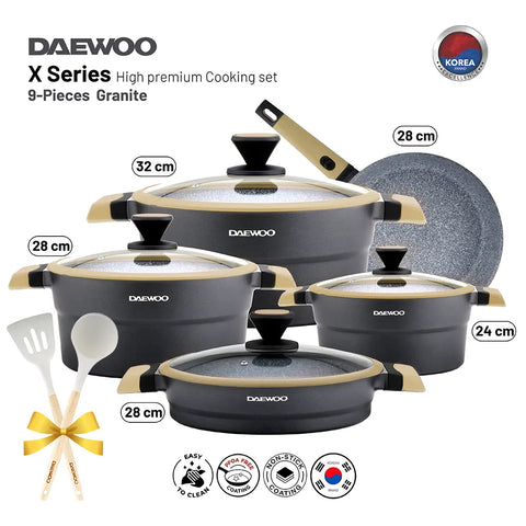 Daewoo X Series 9 Pcs Granite Cooking Set (32,28,24 cm Pot, 28 cm Pan, 28 cm Casserole) with Free 2 Pcs of Utensil Tools - Black & Brown