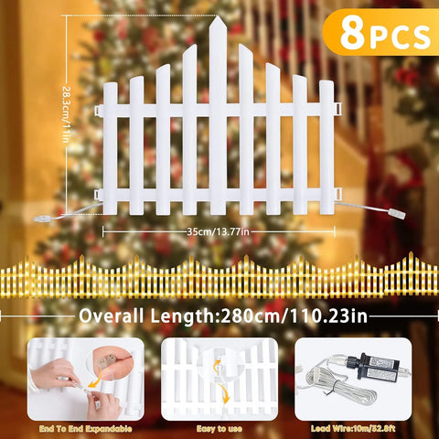 Decorative LED Fence Lights with Multiple Lighting Modes & Easy Clip-On Installation - Set of 8, Warm White - 280 × 28.5 CM
