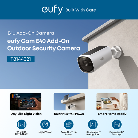 Eufy Cam E40 Add-On Camera – 2K Quad HD, SolarPlus 2.0, 13,000mAh Battery, Color Night Vision