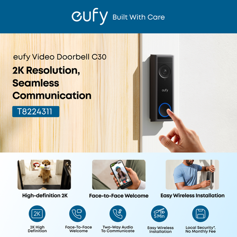 Eufy Video Doorbell C30 – 2K FHD Wireless Doorbell Camera with Local Storage & Two-Way Audio