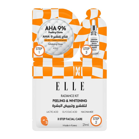 Korean ELLE Radiance Kit – 3-Step Peeling & Whitening Treatment with AHA Peeling Glove, Soothing Mask,Intensive Whitening Serum - Brightening, Exfoliating, Hydrating, Anti-Aging – For All Skin Types