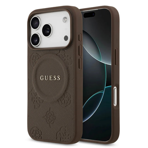 Guess, MagSafe PU Leather Case with Classic Logo & Peony Hot Stamp Design, iPhone 17 Pro