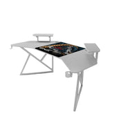 Gamax D2204W Curved Carbon Fiber Gaming Table 180x70x74cm with Multi Level Shelves & Mousepad - White