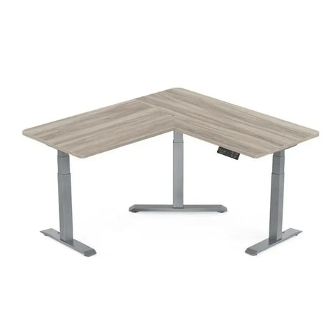 Gamvity L-Shaped Electric Standing Desk, 3-Leg Height Adjustable Ergonomic Workstation - Grey / White Oak
