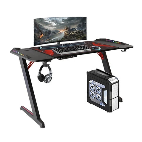 Gamvity Z-Shaped Gaming Desk with RGB Lighting, Carbon Fiber Surface, Headphone Hook & Cup Holder - 1200 × 600 mm