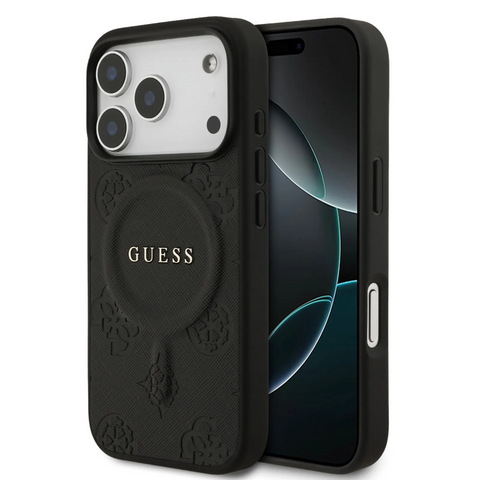 Guess, MagSafe PU Leather Case with Classic Logo & Peony Hot Stamp Design, iPhone 17 Pro