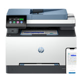 HP printer with smartphone displaying printer app on a white background