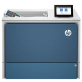 Blue HP printer with a touchscreen display on a white background