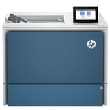 Blue HP printer with a touchscreen display on a white background