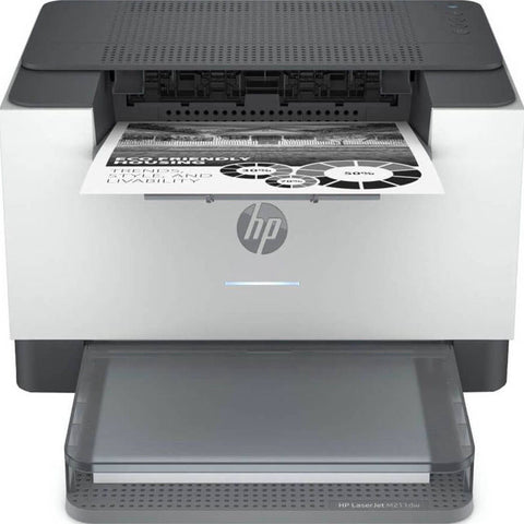 HP printer with a document on the paper tray against a white background