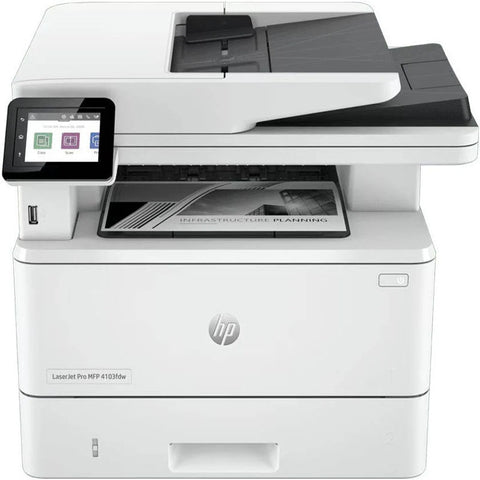 HP printer with touchscreen display on a white background