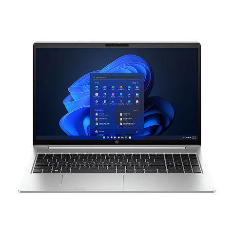 Laptop with a blue-themed desktop on a white background