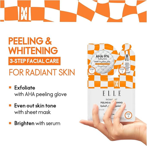 Korean ELLE Radiance Kit – 3-Step Peeling & Whitening Treatment with AHA Peeling Glove, Soothing Mask,Intensive Whitening Serum - Brightening, Exfoliating, Hydrating, Anti-Aging – For All Skin Types- 4 packs