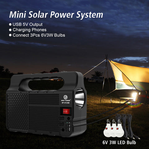 Easy Power Solar Lighting System with 3 LED Bulbs 3600mAh Battery Portable Solar Generator with USB Phone Charging Torch & Multi Output Cables Model