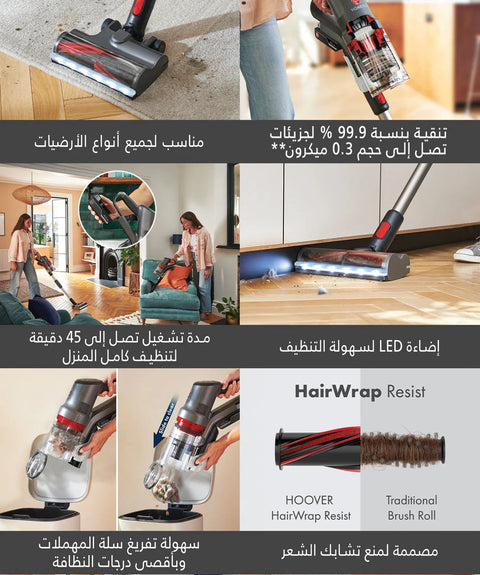 Hoover CLSV-HPMS, HomePro Cordless Stick Vacuum Cleaner – HairWrap Resist, FlexiClean, 45-Min Runtime, LED Floorhead