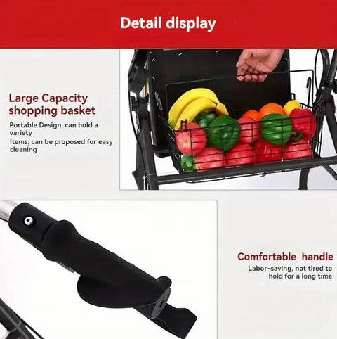 KKF, Foldable 3-in-1 Walker with Seat & Shopping Basket, Height Adjustable Rollator with Dual Handbrake & Reinforced Frame