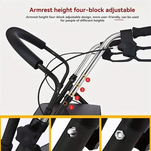 KKF, Foldable 3-in-1 Walker with Seat & Shopping Basket, Height Adjustable Rollator with Dual Handbrake & Reinforced Frame